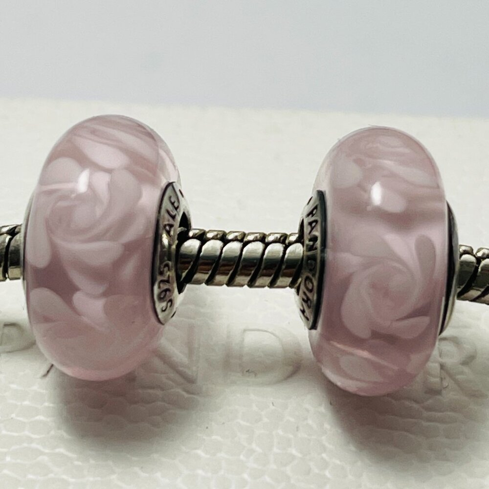 2 PCs Pink Rose Flowers Garden Murnao Glass Pandora Charms Summer Break Special